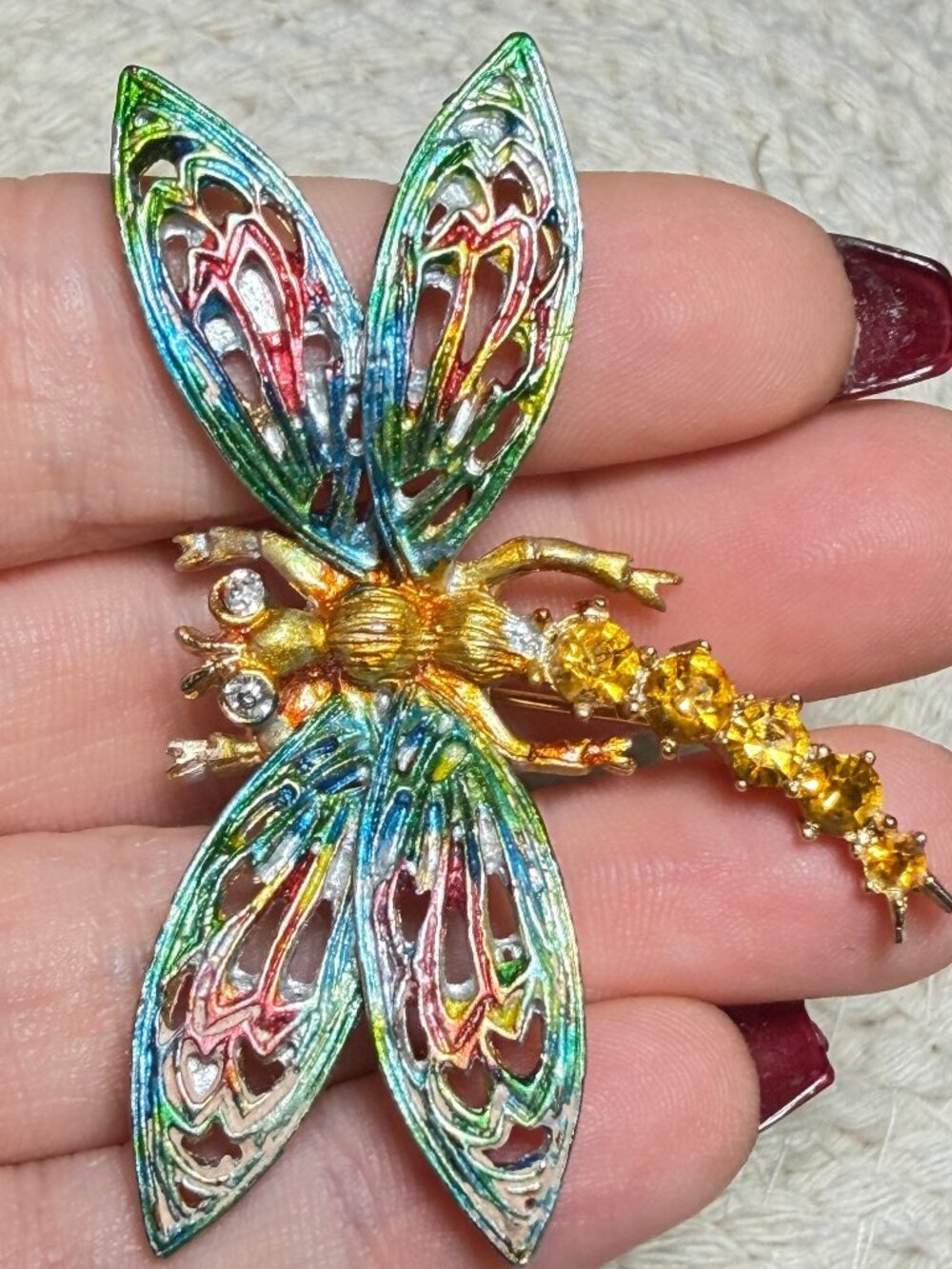 Vintage ART Dragonfly Brooch Multicolor Enamel Rhinestone Gold Tone